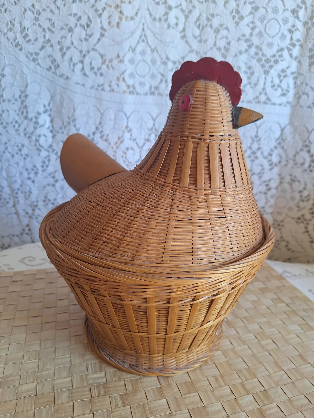 1960's Vintage Woven Rattan Chicken Basket with Red Comb